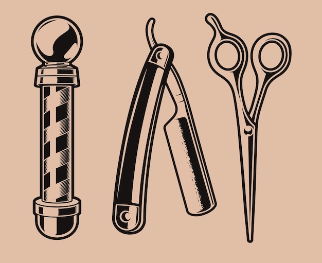 Premium Vector | Set of illustration of barber pole, scissors, and a ...