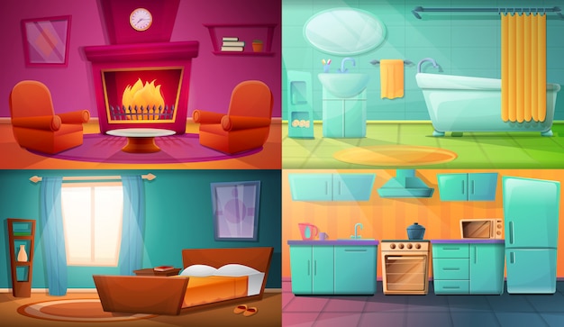 Premium Vector | Set of illustrations with different rooms of the apartment