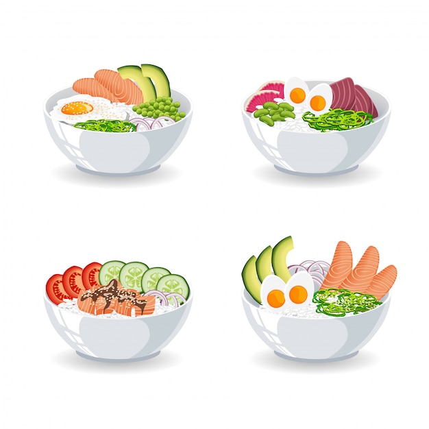 Premium Vector Set of illustrations with different types of poke bowl