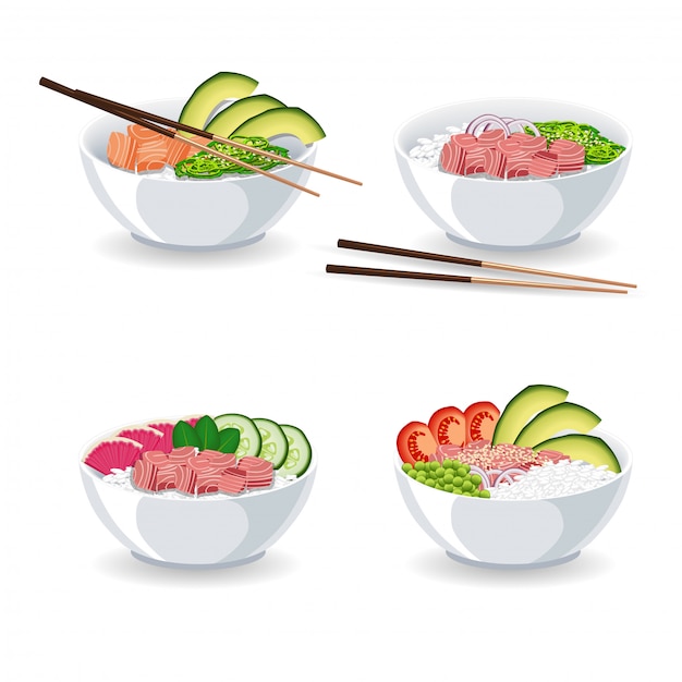 Premium Vector Set of illustrations with different types of poke bowl