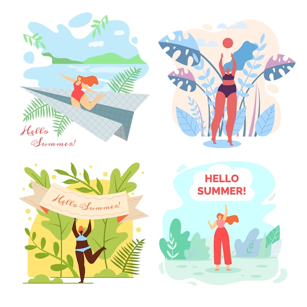 Set of illustrations with written hello summer. Premium Vector