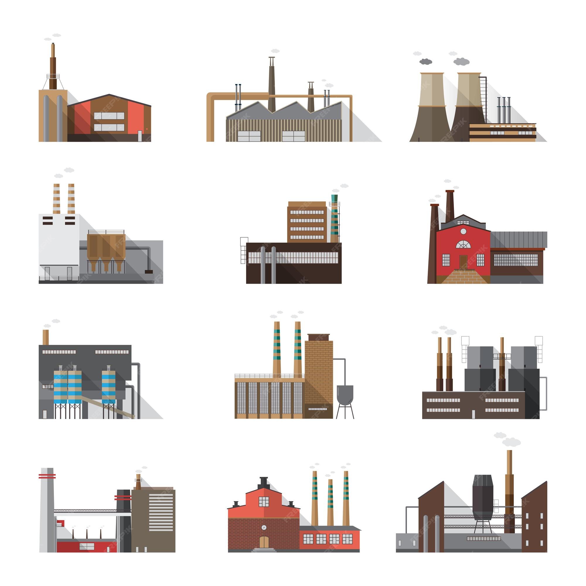 Premium Vector | Set of industrial factory and plant buildings ...