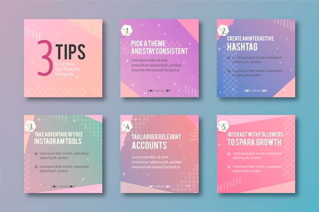 Set of instagram post collection with tips Free Vector