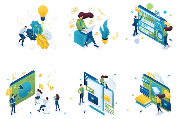 Set of isometric concepts on the topic of training, business training, education system. Premium Vector