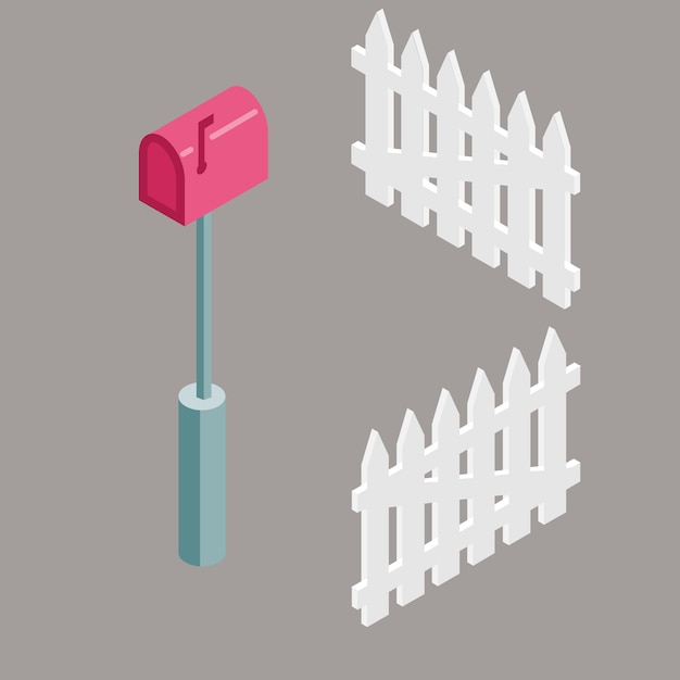 Set of isometric red mail box and fences for suburban house illustration. Premium Vector