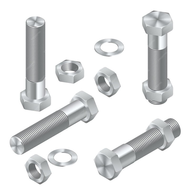  Set of isometric steel screws, bolts, nuts and rivets. isolated vector elements. Premium Vector