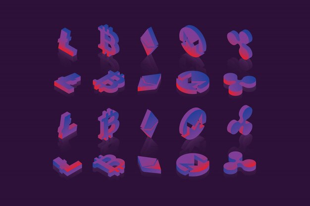 Set of isometric symbols of various cryptocurrencies on dark background Premium Vector