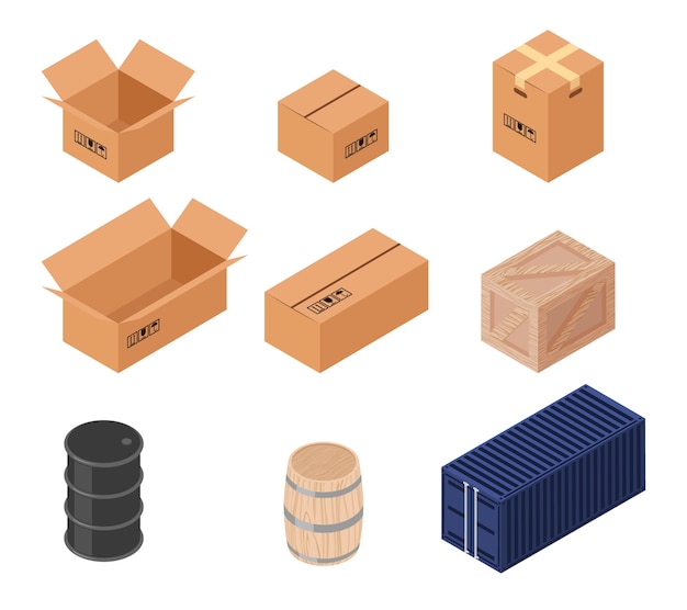  Set of isometric vector boxes. cardboard, wooden barrel and box, transportation and distribution, w