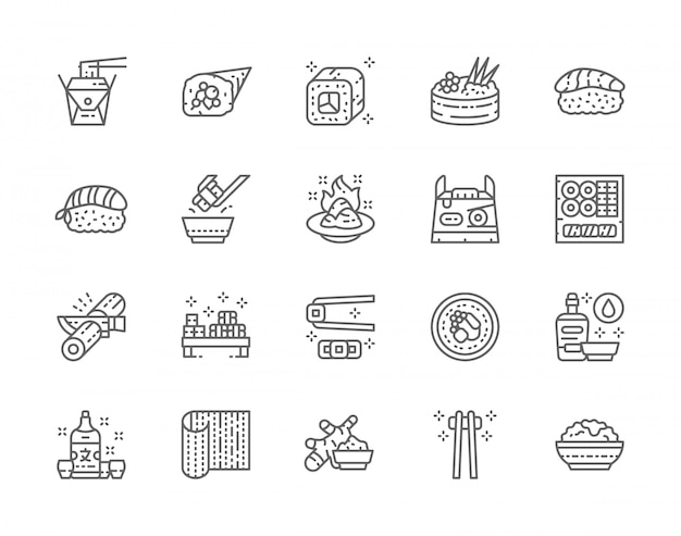 Premium Vector Set Of Japanese Food And Sushi Line Icons Philadelphia Roll Ginger Temaki Nigiri Wasabi Soy Sauce Sake And More