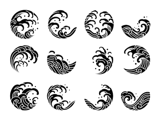 Premium Vector | Set of japanese water wave logo oriental silhouette style.