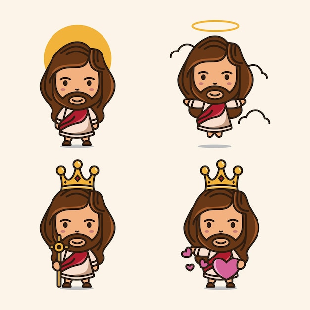 Premium Vector | Set of jesus christ in cute cartoon style cute jesus ...