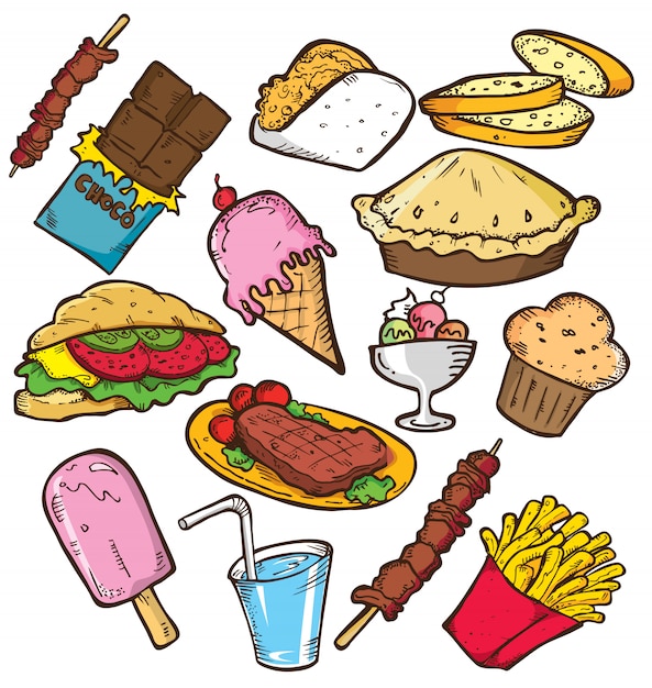 Premium Vector Set of junk food in doodle style