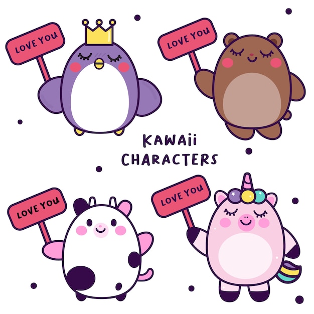 Premium Vector | Set of kawaii animals holding love