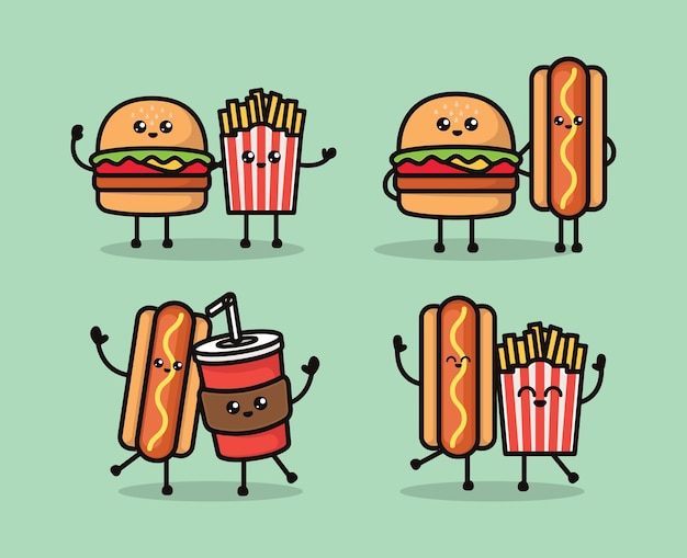 Premium Vector | Set of kawaii cute fast-food mascot design illustration