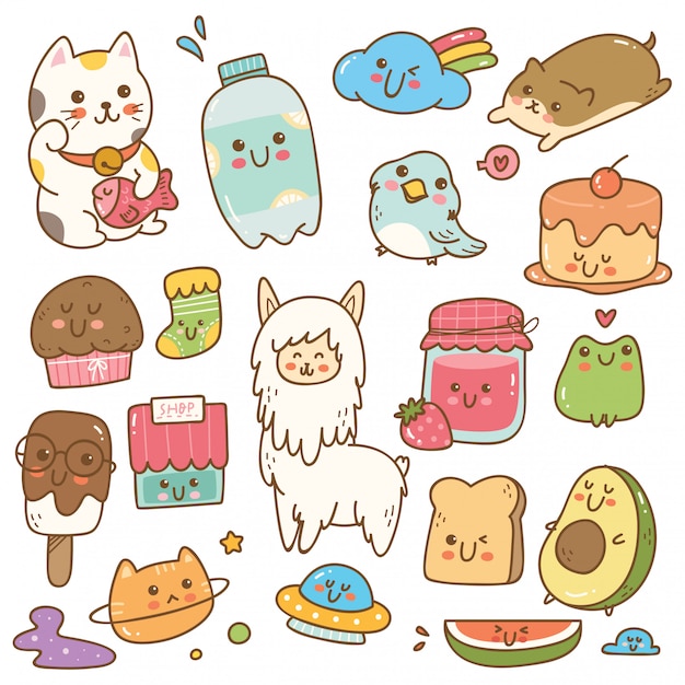 Set of kawaii doodle vector illustration Vector | Premium Download