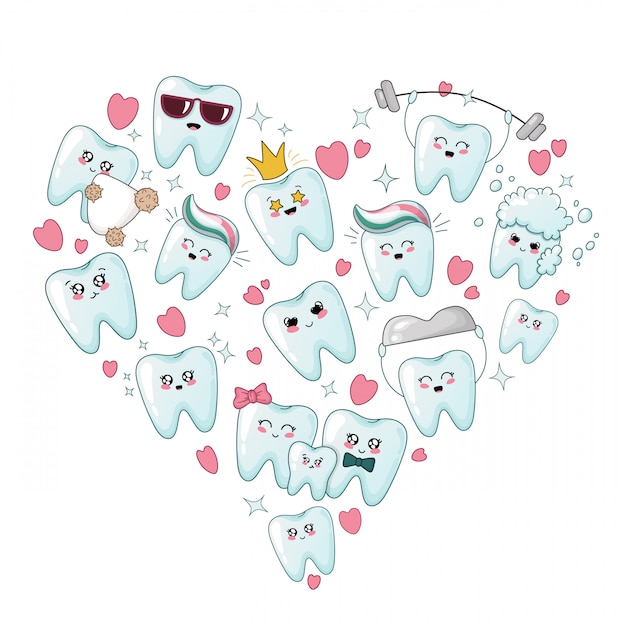Set of kawaii healthy teeth with different emoji, heart shape Premium Vector
