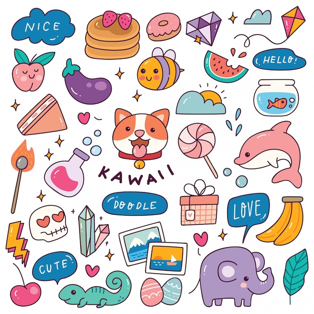 Premium Vector | Set of kawaii icon in doodle style illustration