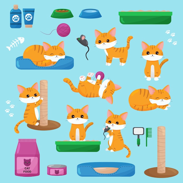 Premium Vector Set of kawaii red cats, toys, cat food and objects