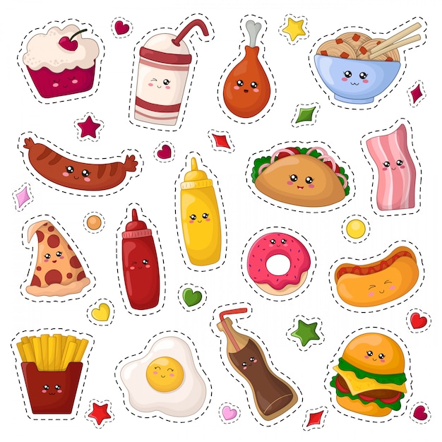 Premium Vector Set Of Kawaii Sticker Or Patch With Cartoon Fast Food