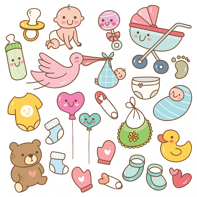 Download Set of kawaii style baby toys and accessories | Premium Vector