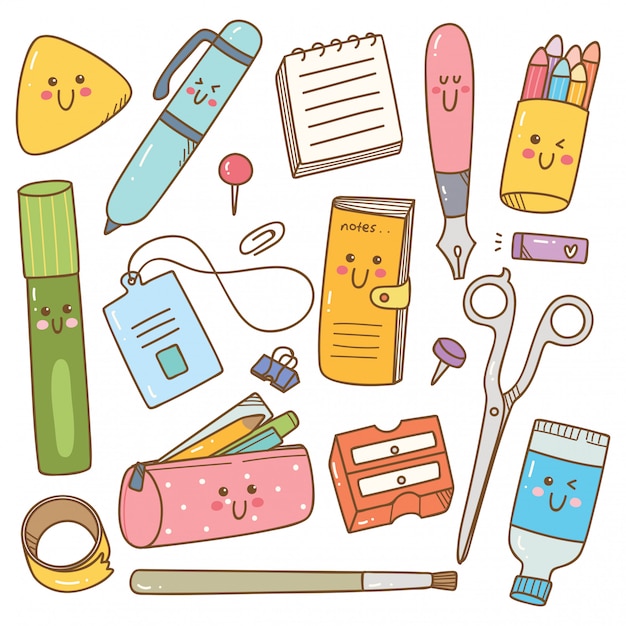 Premium Vector | Set Of Kawaii Style Stationary