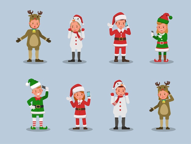 Premium Vector | Set of kids boy and girl wearing christmas costumes ...