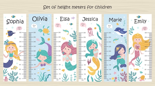 Premium Vector | Set of kids height chart with mermaids