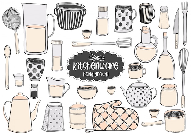 Set of kitchenware hand drawn vector illustrations drawing. Premium Vector
