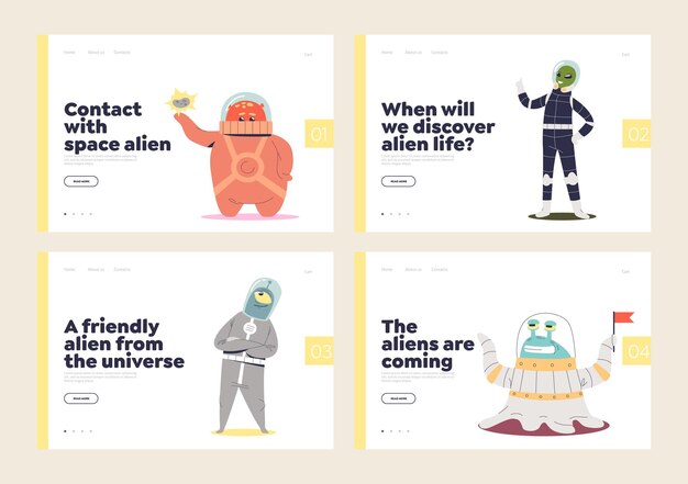 Premium Vector Set Of Landing Pages For Aliens And Life In Space Concept With Cute Funny Cosmic Monsters