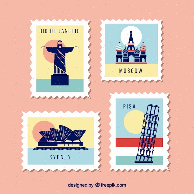 Set of landmark stamps with different cities in vintage style | Free Vector