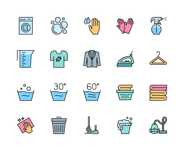 Premium Vector Set Of Laundry And Cleaning Color Line Icons Washing Machine Hanger And More