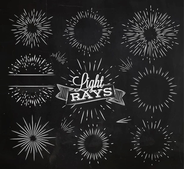Set light ray in vintage style stylized drawing with chalk Premium Vector