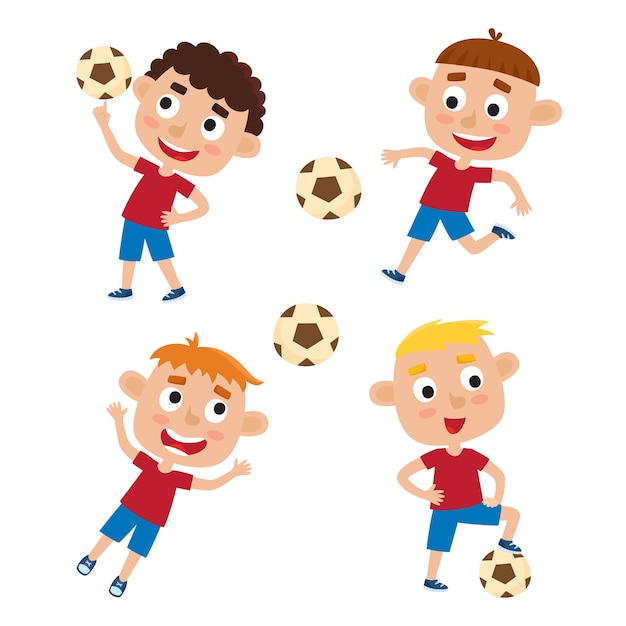 Premium Vector Set Of Little Boys In Shirt And Short Playing Football Cute Cartoon Kids Kicking Soccer Ball On White