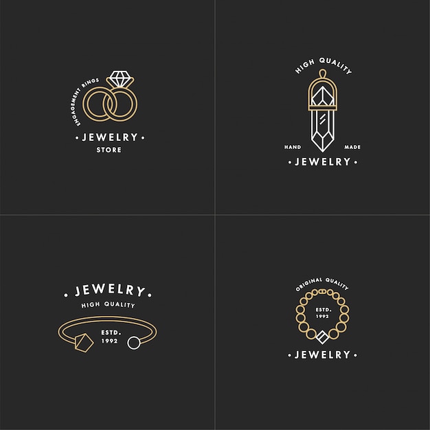 Set of logos with necklace and gem stone, wedding rings and bracelet Premium Vector
