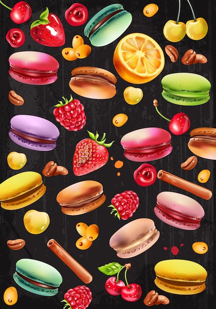 Download Set of macarons, raspberry, strawberry, white and red cherries, coffee beans, cinnamon sticks ...