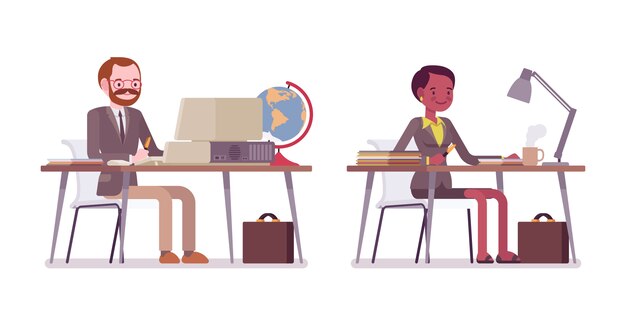 Set Of Male And Female Teacher Sitting At The Desk Premium Vector