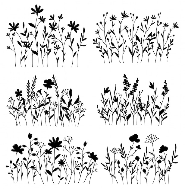 Premium Vector | Set of meadow flowers. collection of black silhouettes ...