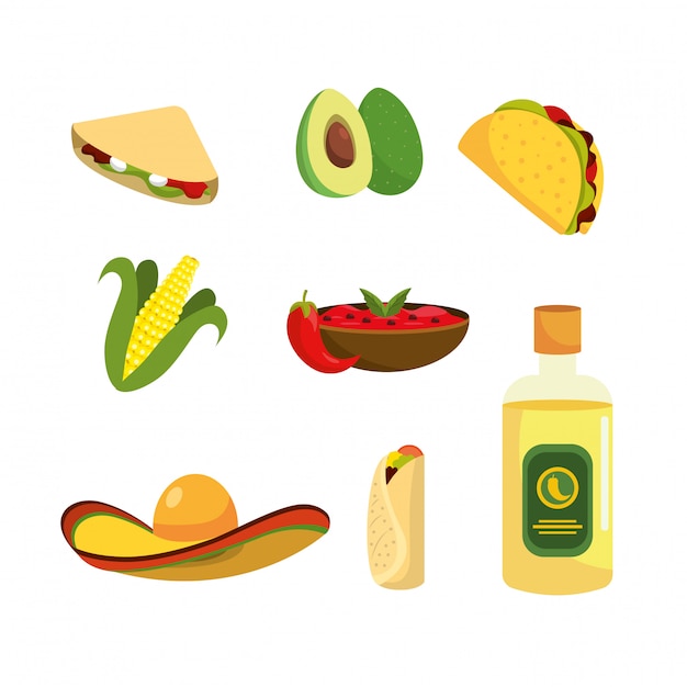 Premium Vector | Set mexican food with tequila and sauce