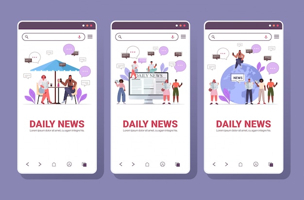 ミックスレースの人々が新聞を読んだり 毎日のニュースチャットバブル通信の概念を議論したりします スマホ画面集全長コピースペース横イラスト プレミアムベクター