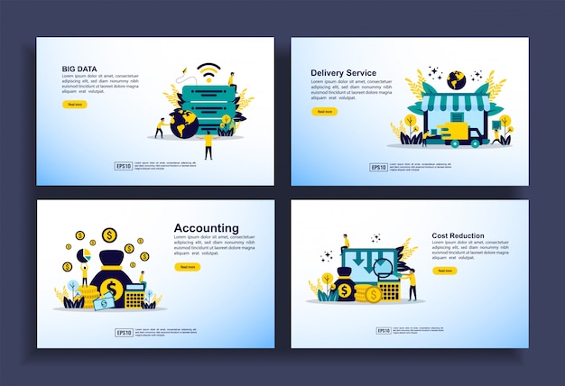 Set of modern flat design templates for business, big data, delivery service, accounting, cost reduction Premium Vector