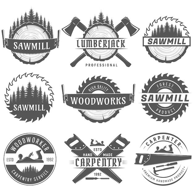  Set of monochrome logos emblems for carpentry, woodworkers, lumberjack, sawmill service. Premium Ve