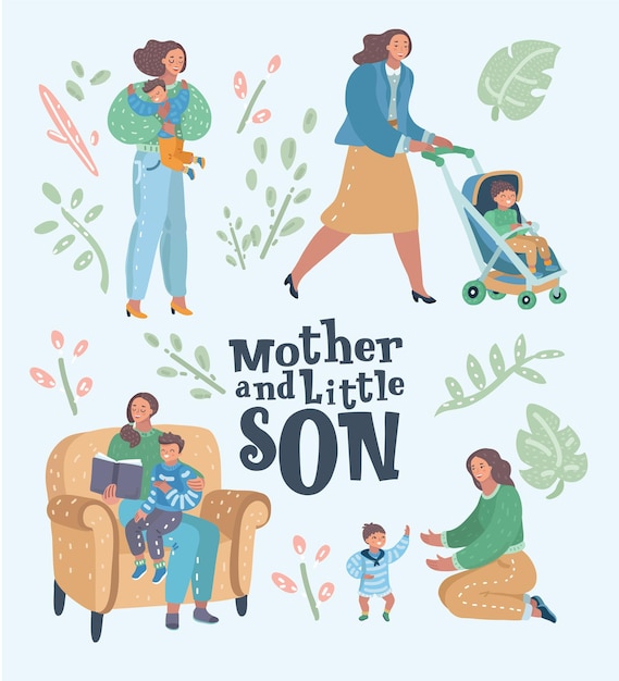  Set of mother with son in different situations Premium Vector