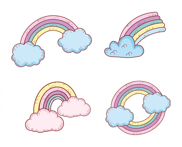Set nature rainbow style weather with clouds Premium Vector