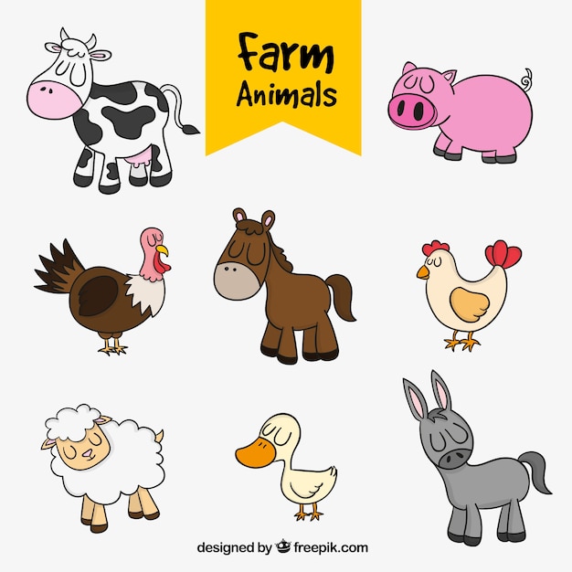 Set of nice hand-drawn farm animals | Free Vector