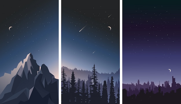 Premium Vector Set Of Night Sky Landscapes City Mountains And Forest On A Background Of Stars