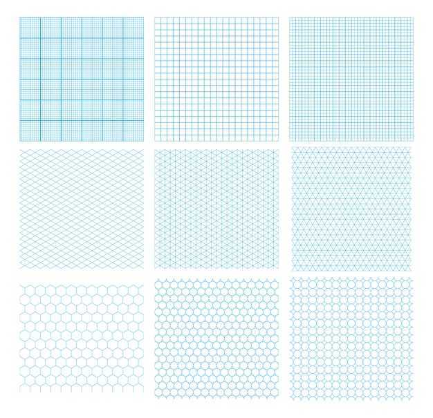 Set of nine cyan geometric grids, seamless patterns isolated . millimetric, isometric, hexagonal and circles. Premium Vector
