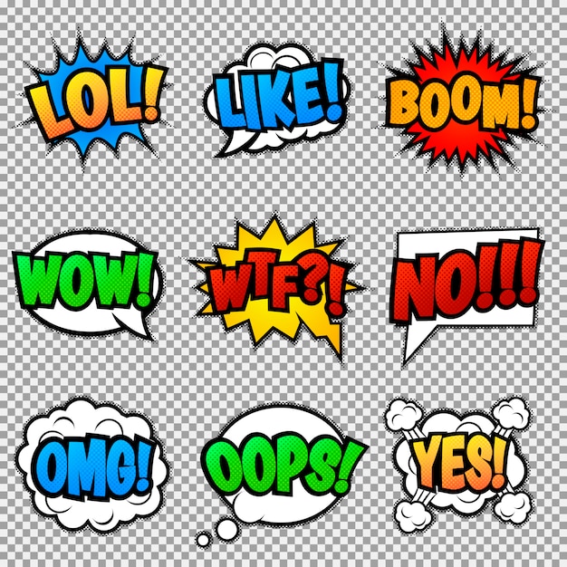 Set of nine different, colorful stickers at colorful comic strip. pop art speech bubbles with lol, like, boom, wow, wtf, no, omg, oops, yes. Premium Vector