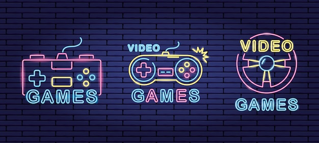 Set of objects related to video games in neon and lienal style Free Vector