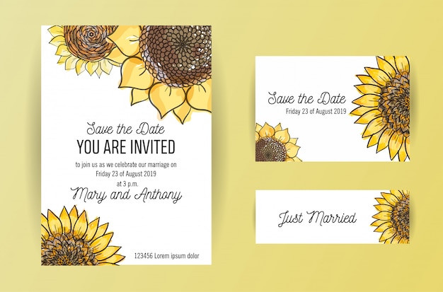 大きな黄色い花ひまわりと3結婚式の招待カードのセットです スケッチイラスト付きa 5結婚式招待状デザインテンプレート プレミアムベクター
