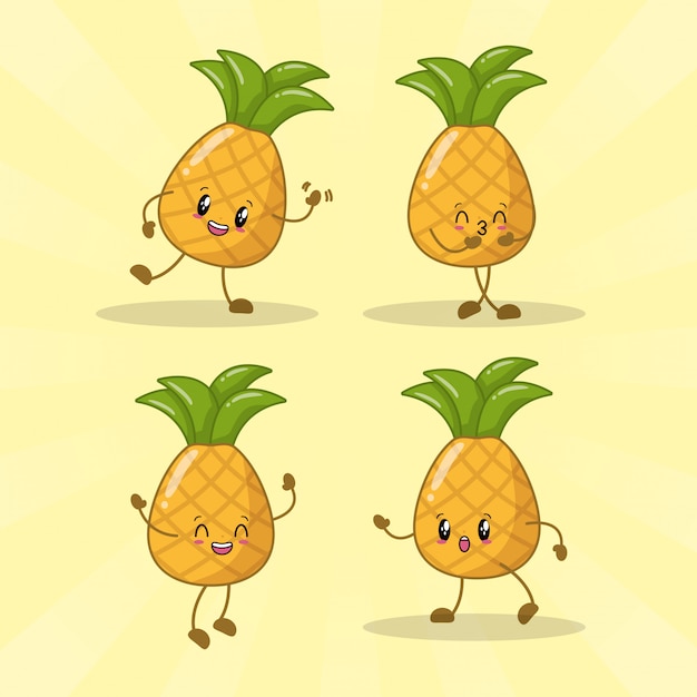 異なる幸せな表情を持つ4つのかわいいパイナップルのセット 無料のベクター